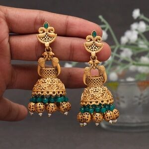 Green Color Matte Gold Temple Style Earrings